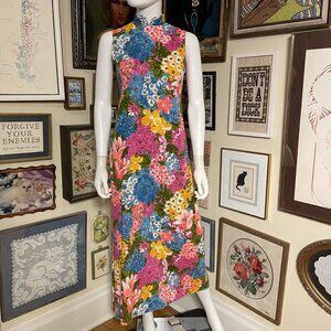 70s Vintage Pink Blue Yellow Floral Sleeveless Maxi Dress with Mandarin Collar